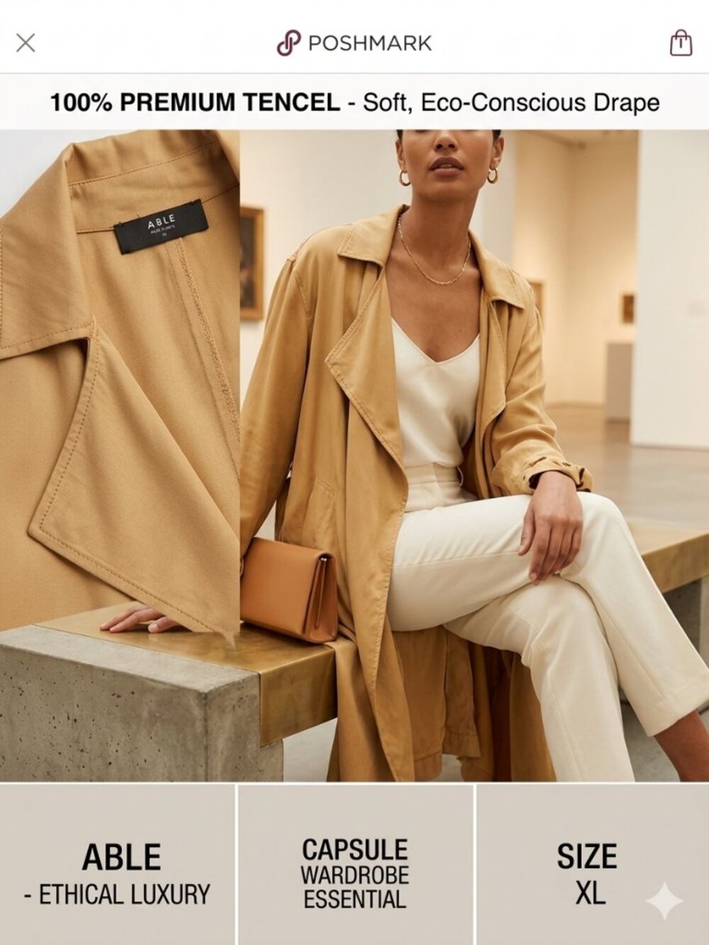 ABLE 100% Tencel Drape Trench Coat Quiet Luxury Tan XL